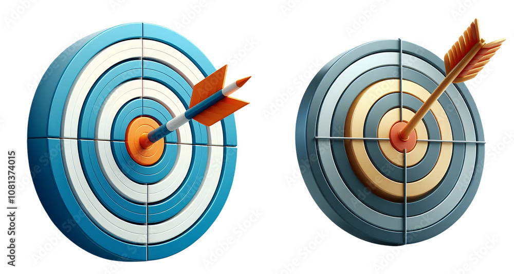 3d illustration of Two Archery Targets with Arrows Hitting the Bullseye isolated on transparent or white background. 3d illustration of Two Archery Targets with Arrows Hitting the Bullseye isolated on transparent or white background.