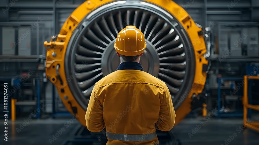 Fototapeta premium Turbocharger installation. A technician examines a large jet engine in an industrial setting, highlighting the intricacies of aerospace technology.