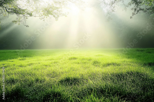 Field of lush green grass with tall trees in the background.