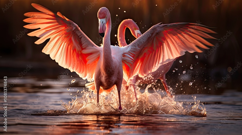 Naklejka premium A close-up view of flamingos in the process of taking off from a pond, their long legs extended and wings flapping, with water droplets catching the light as they break free from the surface.