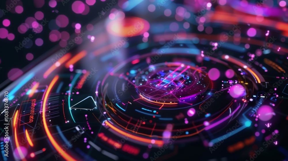 Futuristic hologram showing rotating circular interface with glowing lights and data processing, representing advanced technology and innovation Futuristic hologram showing rotating circular interface with glowing lights and data processing, representing advanced technology and innovation