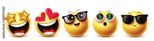 Heart emoji vector characters set. Clipart emojis like starry eyes, in love, nerd, rich and cool yellow icon faces graphic elements. Vector illustration love clip art emoji collection set.
