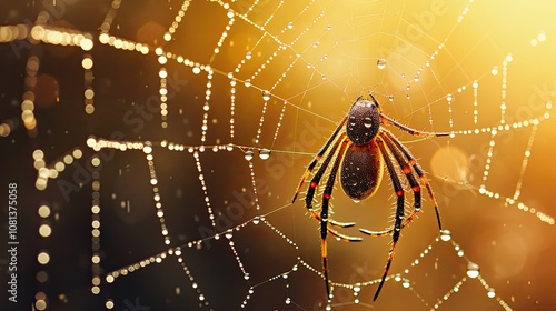 A Common Garden Spider resting on its web in the early evening, with a sunset casting a golden glow on the spider and the shimmering web photo