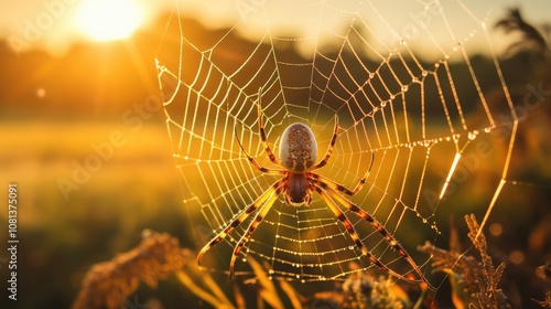 A Common Garden Spider resting on its web in the early evening, with a sunset casting a golden glow on the spider and the shimmering web.  photo