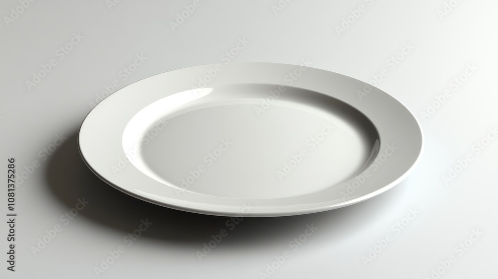 A plain white ceramic dinner plate on a clean white background. A plain white ceramic dinner plate on a clean white background.