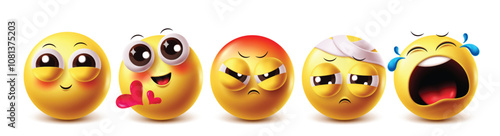 Angry emoji vector characters set. Emojis clipart in cute smile, in love, grumpy, bandage and sob facial expressions graphic design elements. Vector illustration angry emoji clip art collection set.

