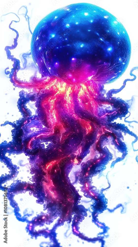 Obraz premium A vibrant, glowing jellyfish with illuminated tentacles, set against a light background, showcasing shades of blue, purple, and red.