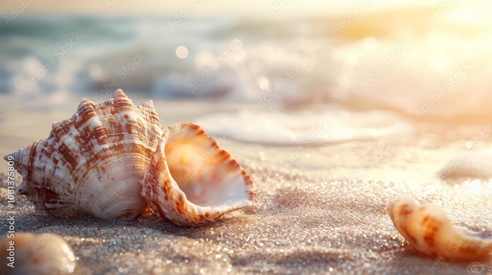 Seashell on Beach at Sunset with Waves in Background Seashell on Beach at Sunset with Waves in Background