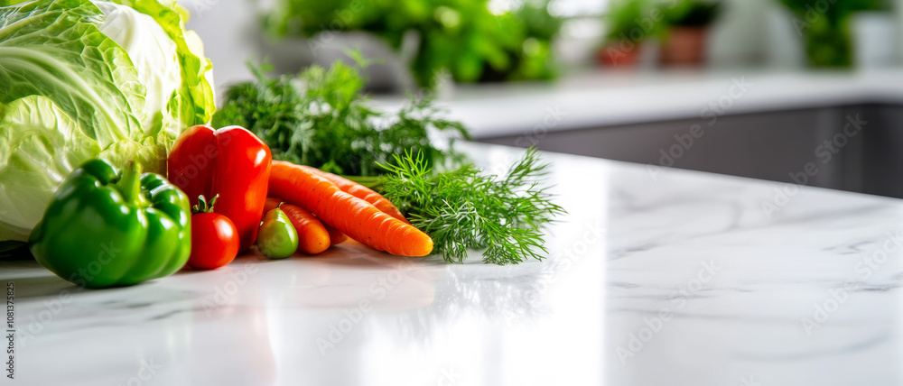 A close up of fresh vegetables on the kitchen table top. Wide banner, header, illustration with space for text. A close up of fresh vegetables on the kitchen table top. Wide banner, header, illustration with space for text.