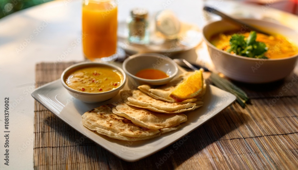 A Vibrant Spread of Fresh Roti Canai with Curry, Paired with Freshly Squeezed Juice and Garnishes, Captured in Soft Natural Light on a Minimalist Table Setting A Vibrant Spread of Fresh Roti Canai with Curry, Paired with Freshly Squeezed Juice and Garnishes, Captured in Soft Natural Light on a Minimalist Table Setting