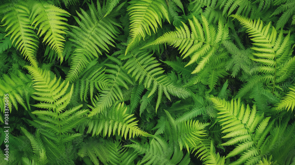 Lush green ferns forming a dense, serene forest floor canopy in soft sunlight Lush green ferns forming a dense, serene forest floor canopy in soft sunlight