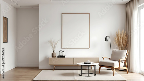 Interior mockup epmty frames with sofa interior indoor  background. realistic shodaw on framse, Modern interior design. 3D render photo