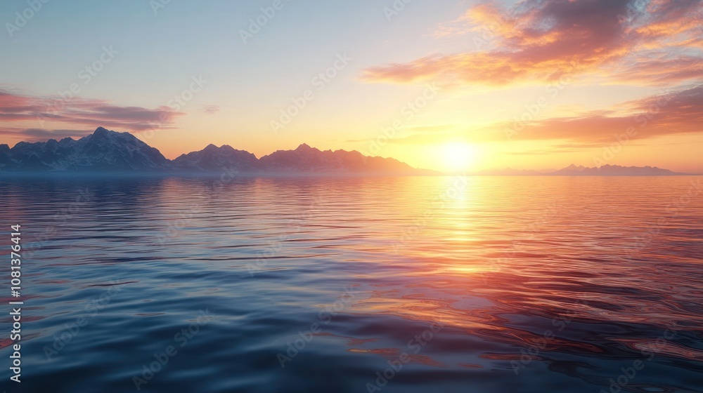 Serene sunset over calm waters and distant mountains.