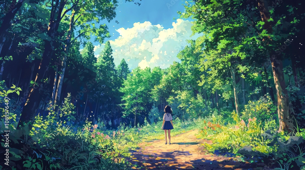 Girl standing in a forest path. Girl standing in a forest path.