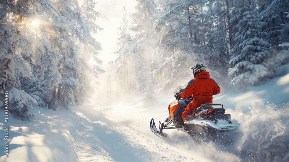 Snowmobile Through Winter Forest Snowmobile Through Winter Forest