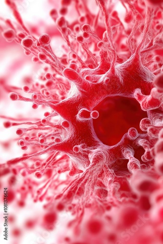 A close-up view of a vibrant red virus, showcasing its intricate surface features and spiky projections against a blurred background.