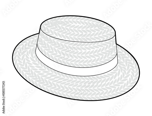Boater Hat Canotier. Bolero Skimmer Head Straw Fashion accessory cap clothing technical illustration. Vector headgear for Men, women, unisex style, flat template CAD mockup sketch outline isolated
