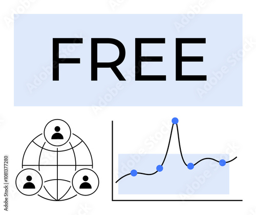 Word FREE global network of people line graph with data points. Ideal for concepts of freedom, connectivity, analytics, data sharing, growth potential, accessibility, innovation. Line metaphor