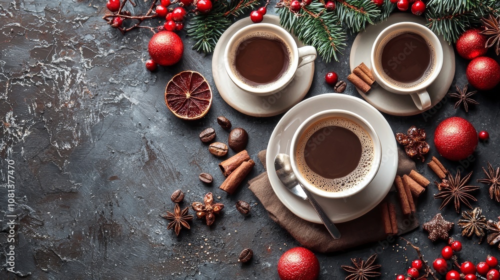 Holiday Coffee Setup with Spices and Festive Decor Holiday Coffee Setup with Spices and Festive Decor