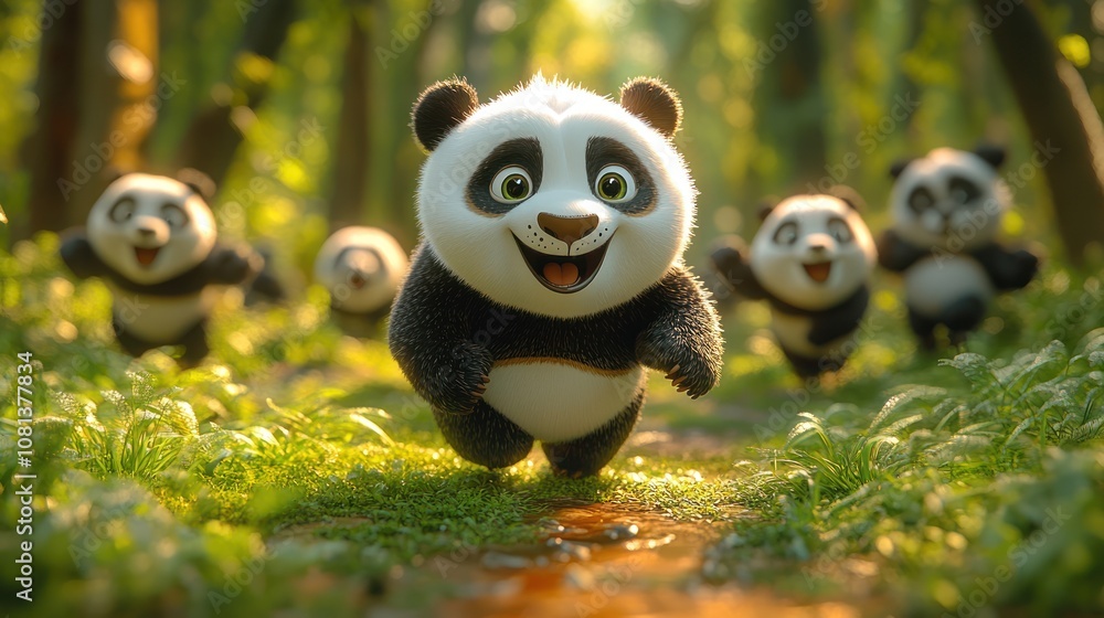 A cartoon panda attempting to do jumping jacks, but moving too slowly while other animals speed through their workouts. A cartoon panda attempting to do jumping jacks, but moving too slowly while other animals speed through their workouts.