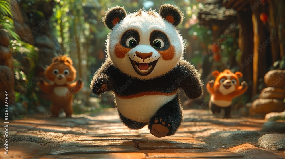 A cartoon panda attempting to do jumping jacks, but moving too slowly while other animals speed through their workouts. A cartoon panda attempting to do jumping jacks, but moving too slowly while other animals speed through their workouts.