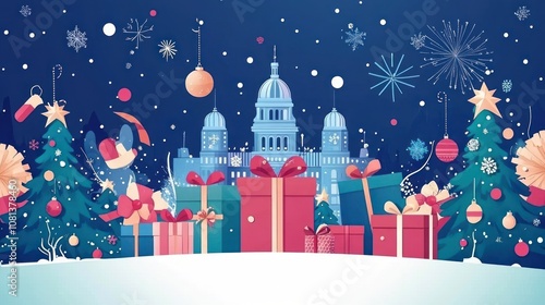 Wallpaper Mural A festive cityscape with snow falling, decorated Christmas trees, fireworks, and presents in the foreground. Torontodigital.ca