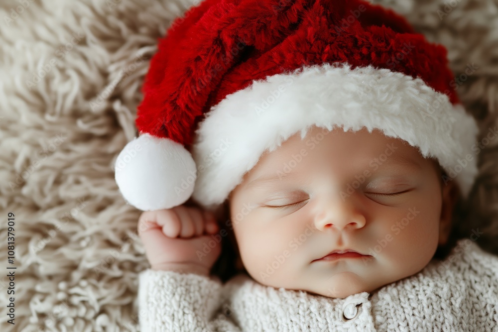 An adorable newborn peacefully sleeping in a cozy knit Santa hat, resting on a soft blanket, capturing the tranquil innocence of the holiday season's beginnings. An adorable newborn peacefully sleeping in a cozy knit Santa hat, resting on a soft blanket, capturing the tranquil innocence of the holiday season's beginnings.