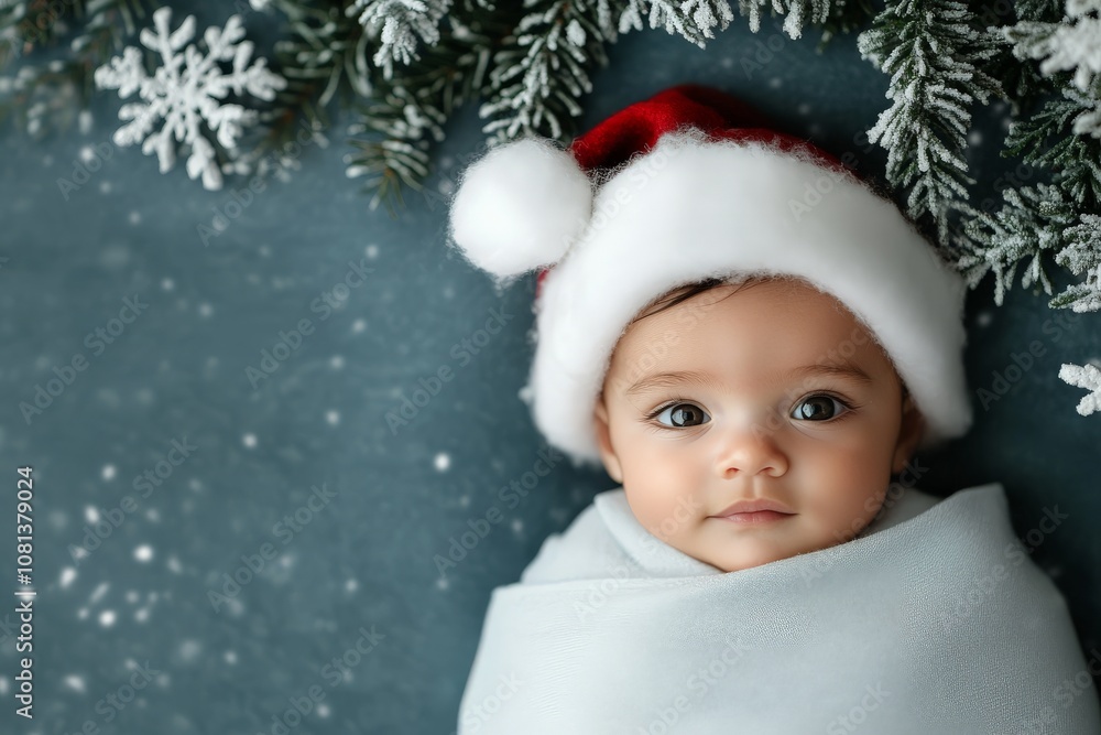A baby wrapped in a soft blanket wearing a Santa hat, lying against a snowy background with pine branches to evoke a warm festive holiday spirit. A baby wrapped in a soft blanket wearing a Santa hat, lying against a snowy background with pine branches to evoke a warm festive holiday spirit.