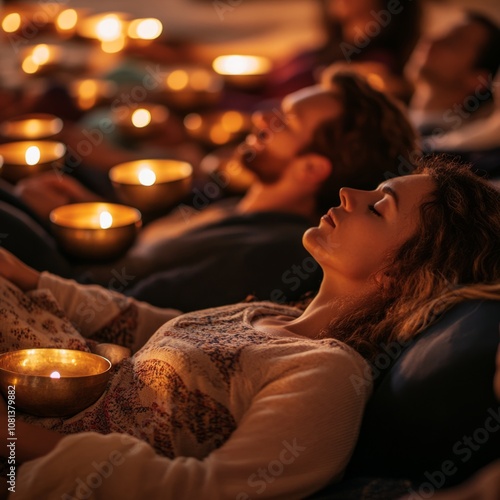 Group sound bath session with people lying down, surrounded by singing bowls, soft lighting, creating a healing ambiance photo