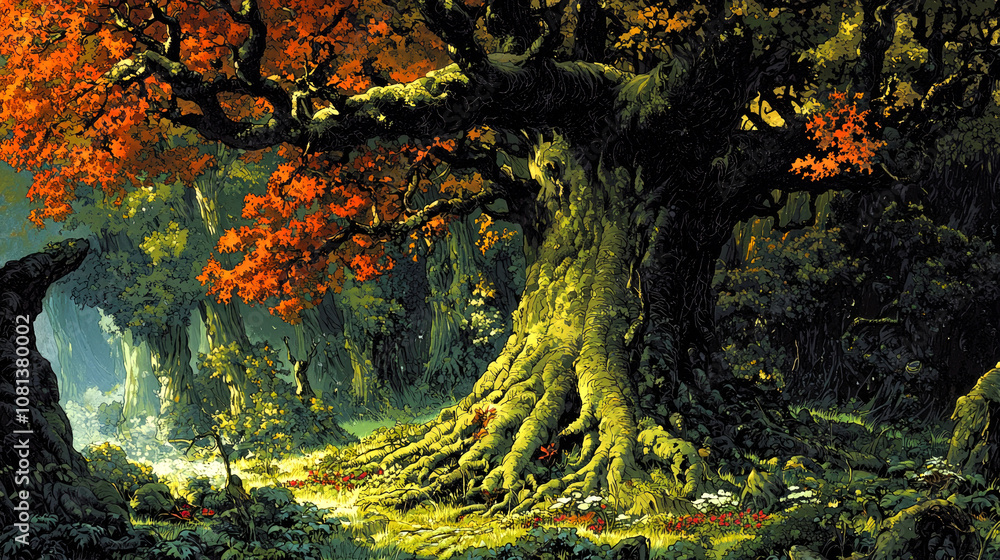 Majestic ancient tree with intricate roots in a lush forest. Majestic ancient tree with intricate roots in a lush forest.