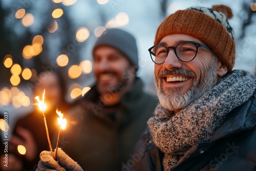 A joyful gathering of friends is captured outdoors, with two men smiling widely as they hold sparklers, surrounded by a warm and cheerful festive atmosphere.