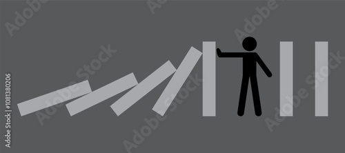 Domino effect business concept. Line in a row of falling board game blocks and someone stop it. cartoon illustration. 