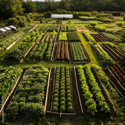 Organic farm with rows of diverse crops, composting bins, and natural pest management practices photo