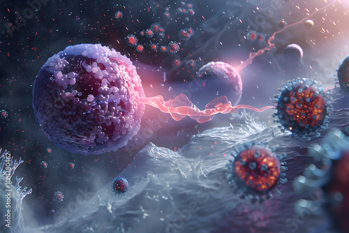 Visual Illustration of Activated Natural Killer Cells Interacting and Destroying Target Cells photo