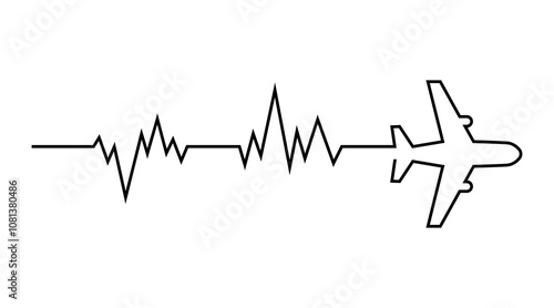 Continuous one line drawing of airplane path with heart beat graph. black line art.