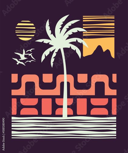 Graphic style drawing of a coconut tree silhouette at sunset.