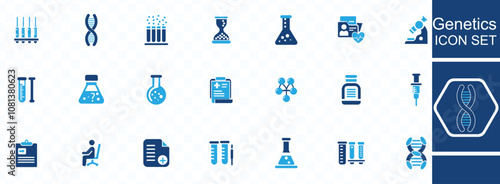 Genetics icon set. Containing DNA, gene, chromosomes, heredity, genome, genetic, biology, GMO and more. Vector solid icons collection.