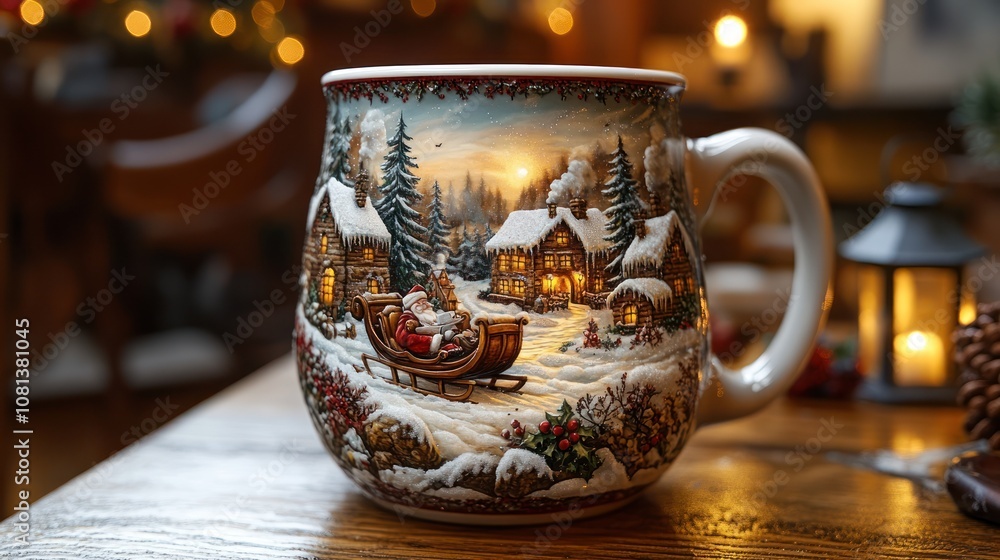 A Christmas-themed coffee mug featuring Santa's sleigh being pulled by reindeer, with a snowy village and glowing lanterns. A Christmas-themed coffee mug featuring Santa's sleigh being pulled by reindeer, with a snowy village and glowing lanterns.