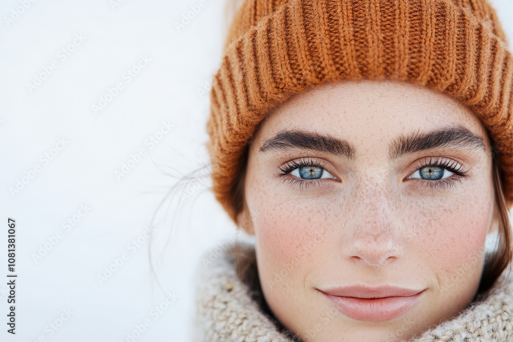 A close-up image of a woman in winter clothing, showcasing a calm and serene expression with striking eyes, framed by a snowy background and soft natural light. A close-up image of a woman in winter clothing, showcasing a calm and serene expression with striking eyes, framed by a snowy background and soft natural light.