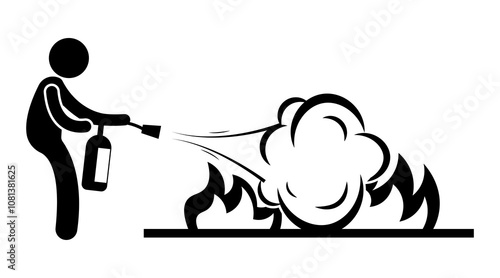 Man uses fire extinguisher, heroically approaching flame and trying to put out source of danger with foam. stickman black illustration.