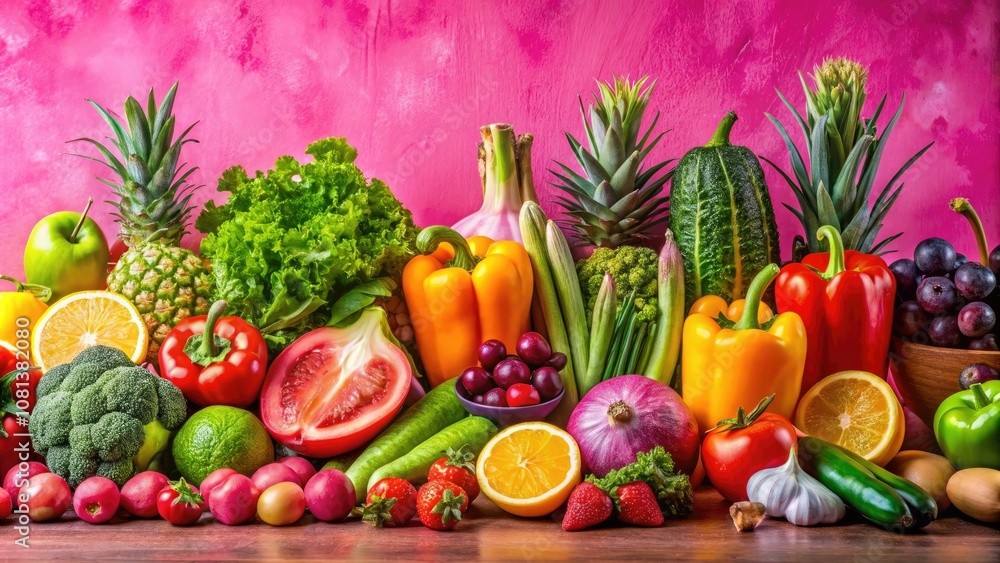 Fresh, vibrant produce set against a pink backdrop, showcasing colorful fruits and vegetables. Perfect for healthy lifestyle inspiration, recipes, and engaging food blogs. Fresh, vibrant produce set against a pink backdrop, showcasing colorful fruits and vegetables. Perfect for healthy lifestyle inspiration, recipes, and engaging food blogs.