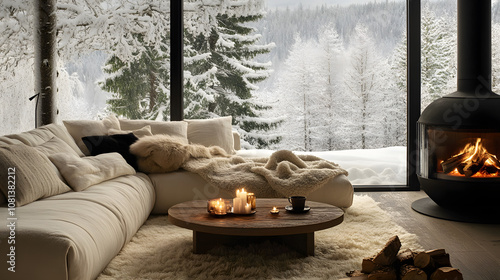 winter festive festival Christmas snow celebration cozy warm home living room indoor wooden table lit candles snowy landscape peaceful atmosphere fireplace