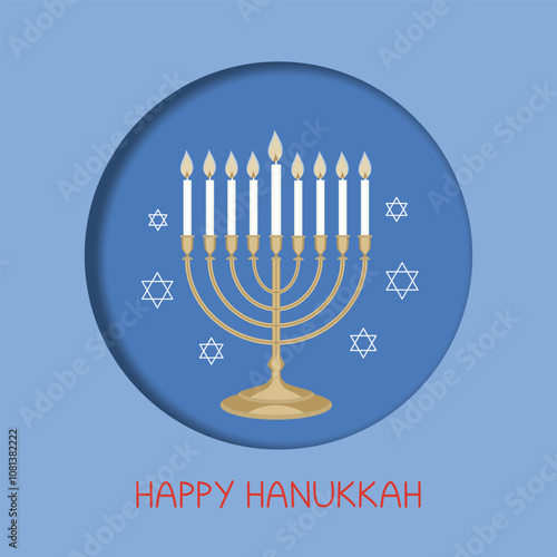 Happy Hanukkah Greeting Card With Menorah In Blue Traditional Jewish Celebration. Flat Style. Paper Effect. Vector illustration