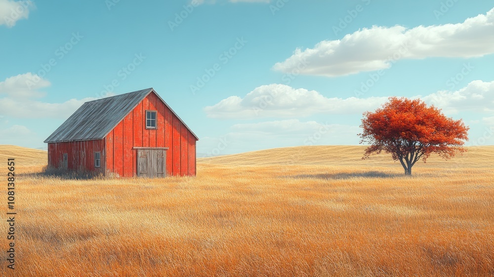 Obraz premium A serene landscape featuring a red barn and a solitary tree.