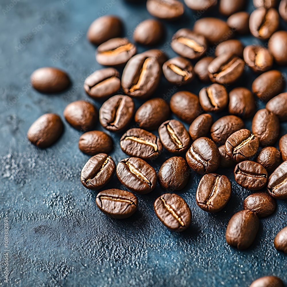 Close-up of Roasted Coffee Beans on a Blue Background. Close-up of Roasted Coffee Beans on a Blue Background.
