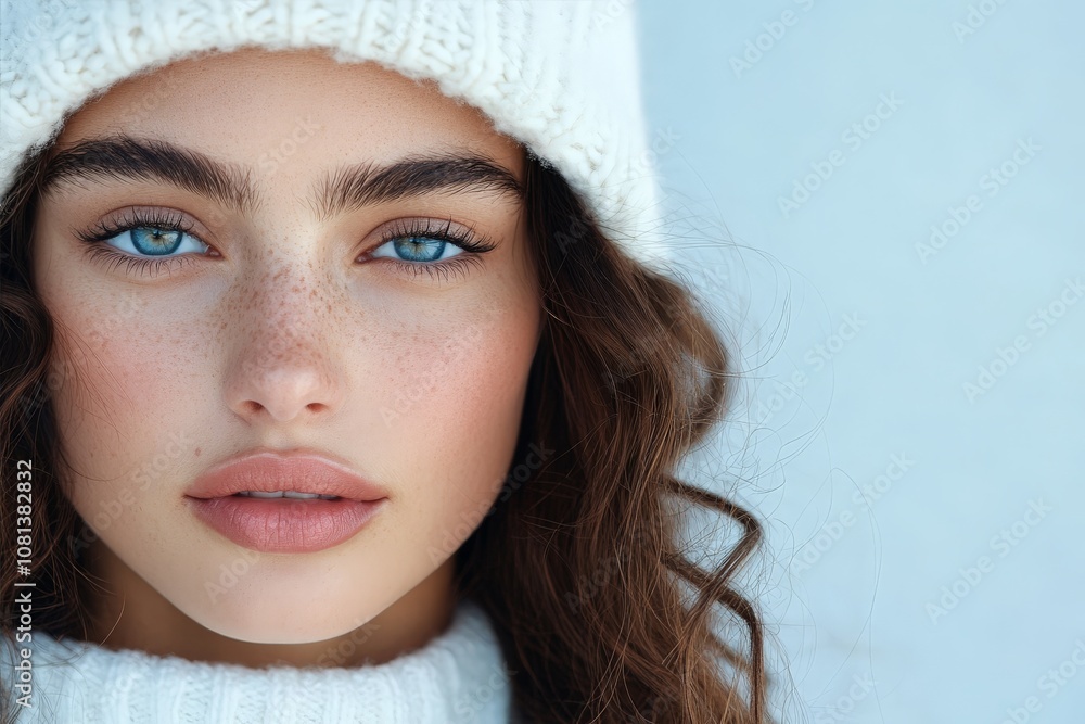 A beautiful woman with freckles and striking blue eyes wears a white knit hat, her face emanating a soft winter glow, capturing the essence of serene simplicity. A beautiful woman with freckles and striking blue eyes wears a white knit hat, her face emanating a soft winter glow, capturing the essence of serene simplicity.