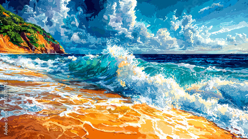 Ocean wave crashing on a sandy beach with a green cliff in the background.