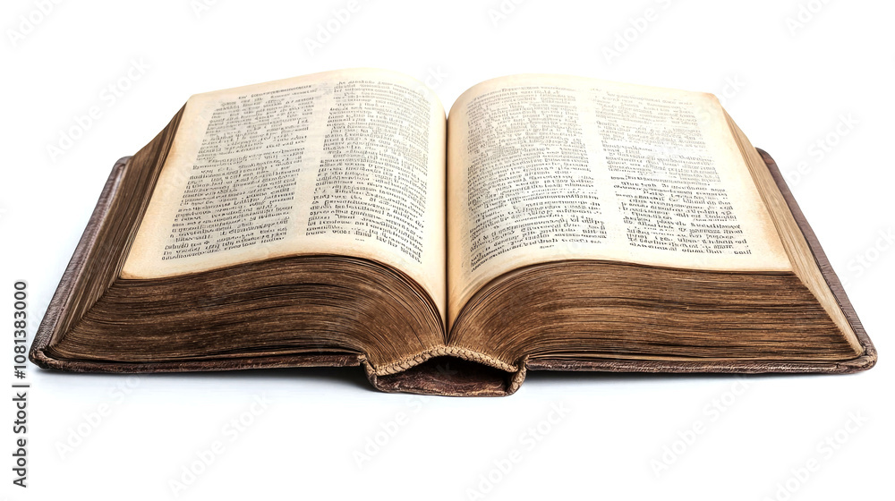 Open antique book with aged pages isolated on white background. Open antique book with aged pages isolated on white background.
