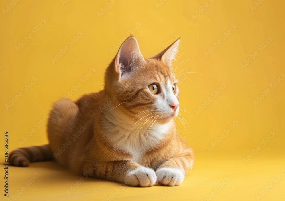Orange cat lying on a bright yellow background, showcasing its playful and curious demeanor The soft textures of its fur blend beautifully with the vibrant backdrop, creating an eye catching image Orange cat lying on a bright yellow background, showcasing its playful and curious demeanor The soft textures of its fur blend beautifully with the vibrant backdrop, creating an eye catching image