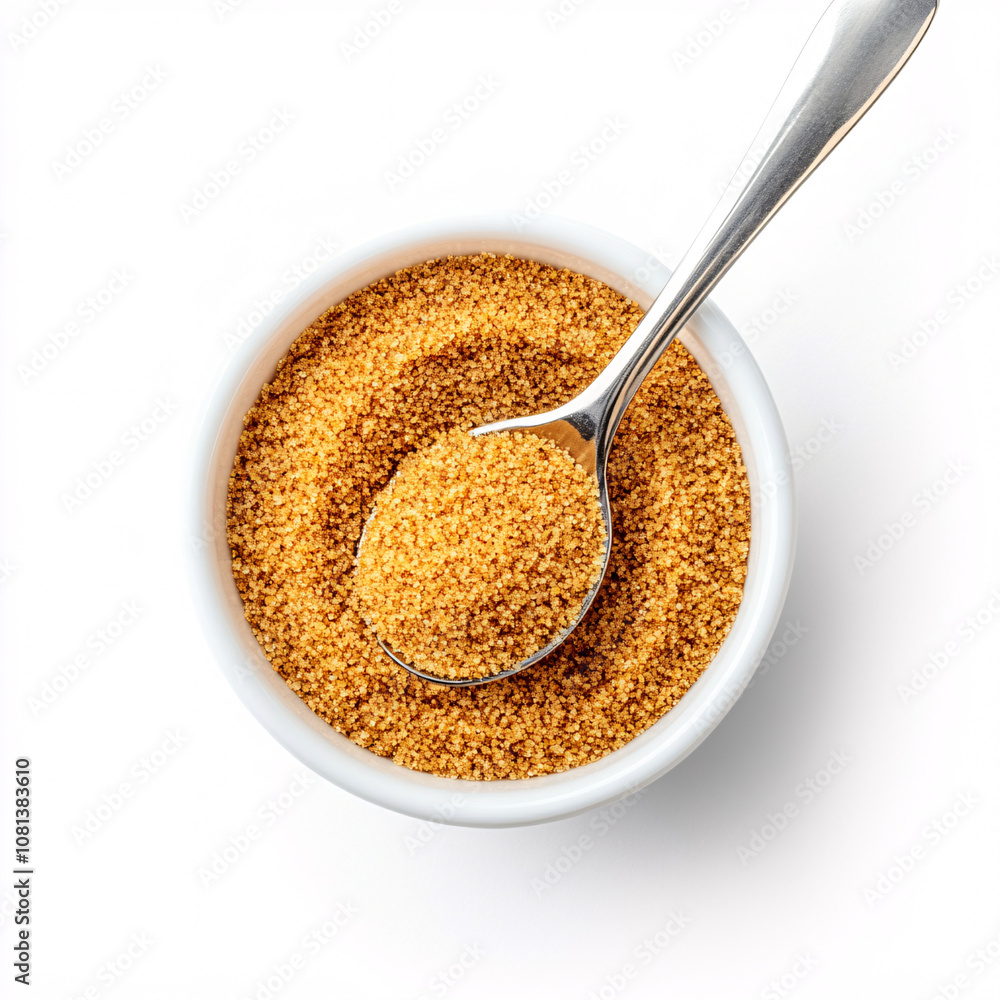 A small white bowl filled with brown sugar, featuring a silver spoon displaying some sugar. A small white bowl filled with brown sugar, featuring a silver spoon displaying some sugar.